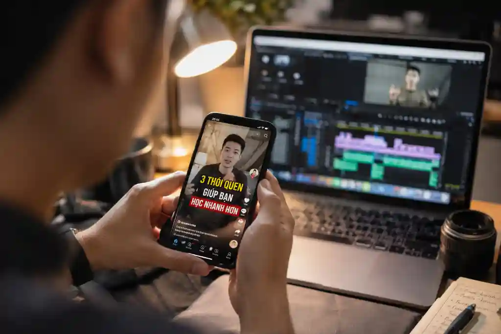 TikTok bằng AI — bàn tay creator Việt cầm điện thoại hiển thị video dọc có caption động
