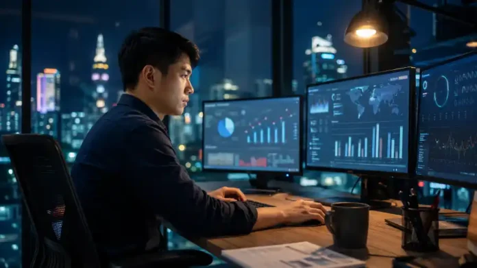 Nhịp AI tuần 24: nhà báo công nghệ Việt theo dõi tin AI trên ba màn hình dashboard