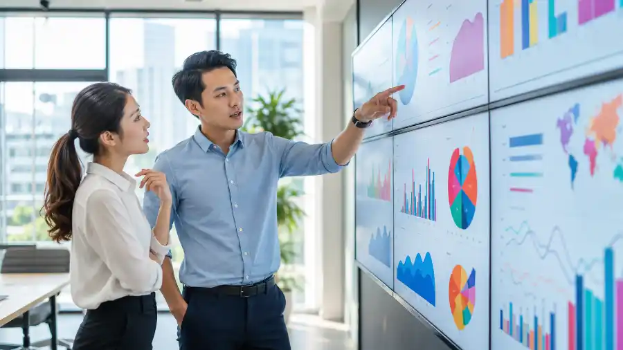Nhịp AI tuần 24: hai chuyên viên trẻ trao đổi trước màn hình dữ liệu trong văn phòng