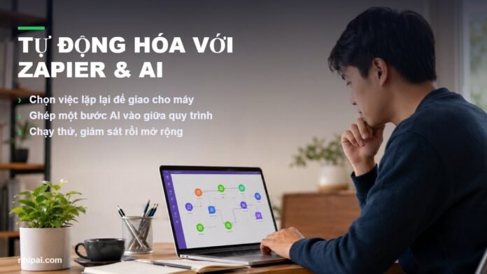 Tự động hóa công việc bằng Zapier và AI trên màn hình laptop