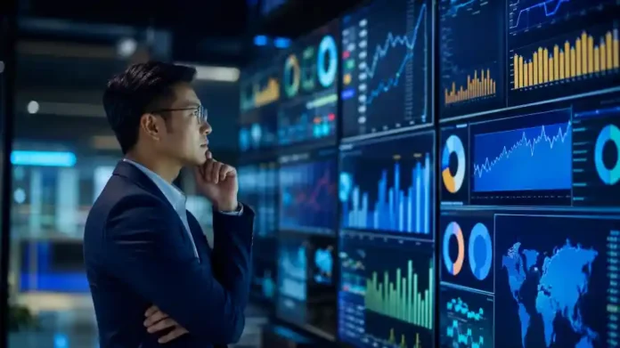 Chuyên viên phân tích theo dõi thị trường AI agent trên màn hình dữ liệu