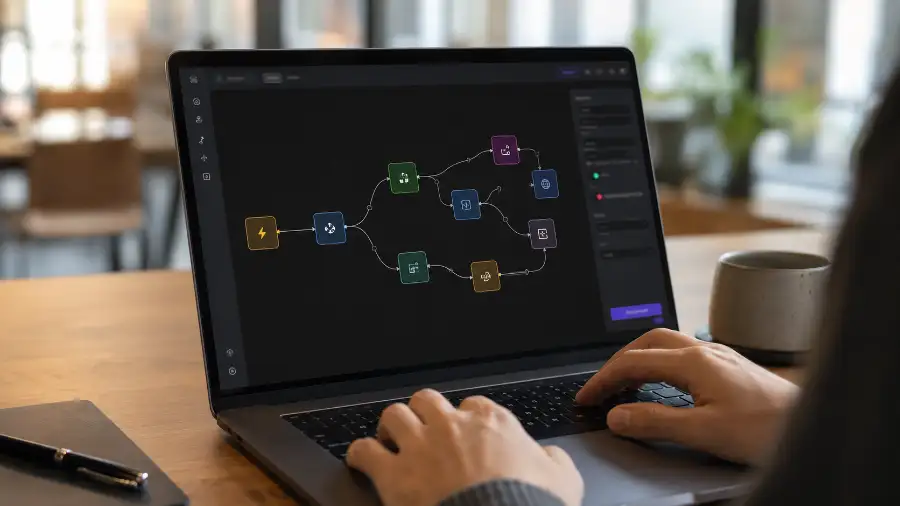 Sơ đồ workflow AI agent với các node kết nối trên màn hình laptop