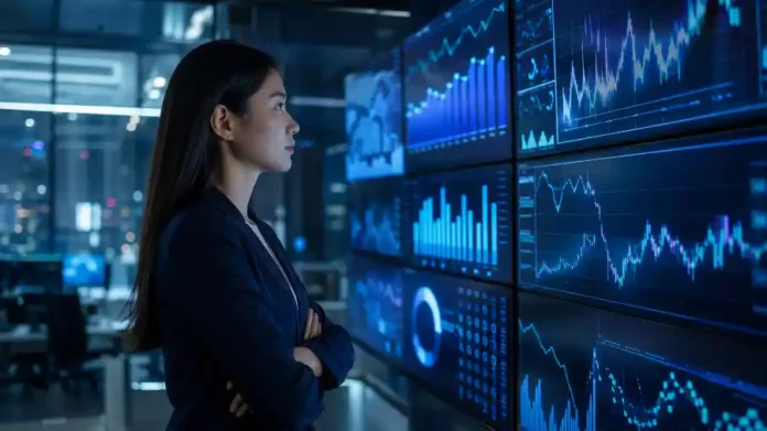 Chuyên viên phân tích trước dashboard biểu đồ, minh hoạ AI ngành dọc