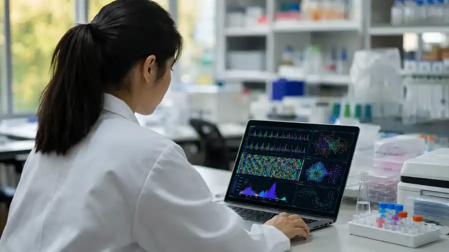 Claude Science: bàn làm việc AI cho khoa học 2026 1 nhà khoa học dùng Claude Science phân tích dữ liệu gen