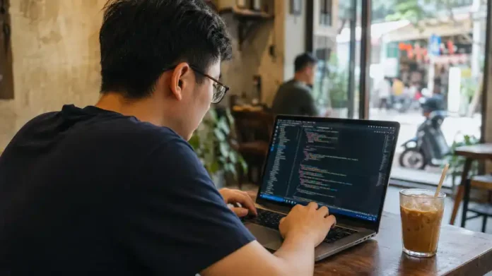 Lập trình viên Việt kiếm tiền bằng vibe coding trên laptop tại quán cà phê