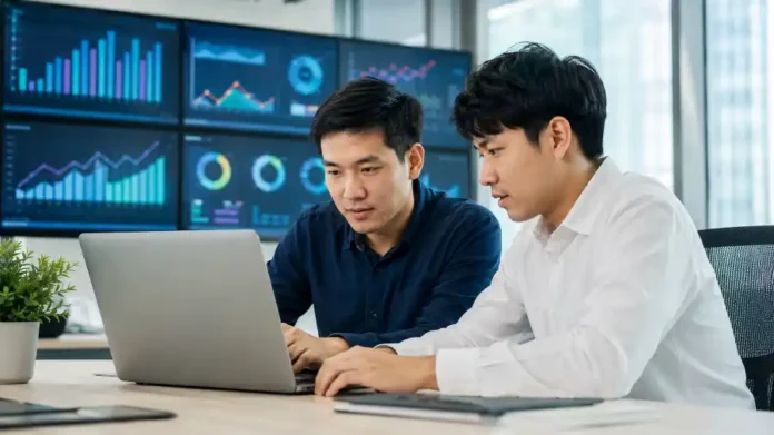 Kỹ sư triển khai AI làm việc trước dàn màn hình dashboard trong văn phòng doanh nghiệp
