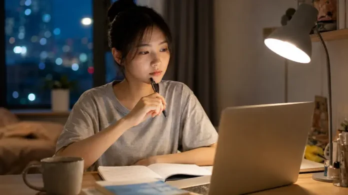 Dùng AI để học — sinh viên Việt tự học với laptop tại nhà buổi tối