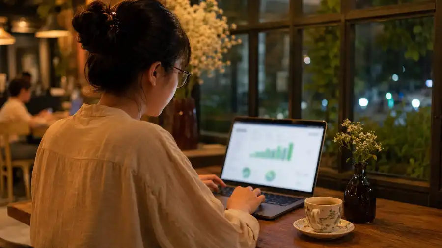 Freelancer AI theo dõi dashboard thu nhập trên laptop