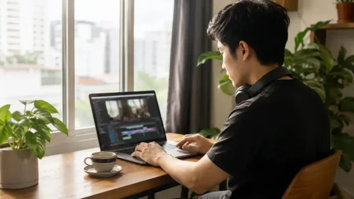 Freelancer AI người Việt làm việc với laptop tại nhà