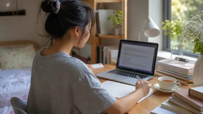 sổ tay học tập — nữ sinh viên Việt học bài bên laptop