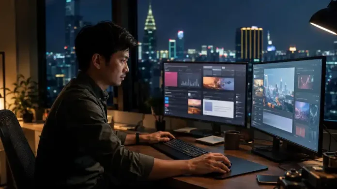 Nhịp AI tuần 27: nhà báo công nghệ Việt theo dõi bảng tin AI trước ba màn hình với skyline Sài Gòn về đêm