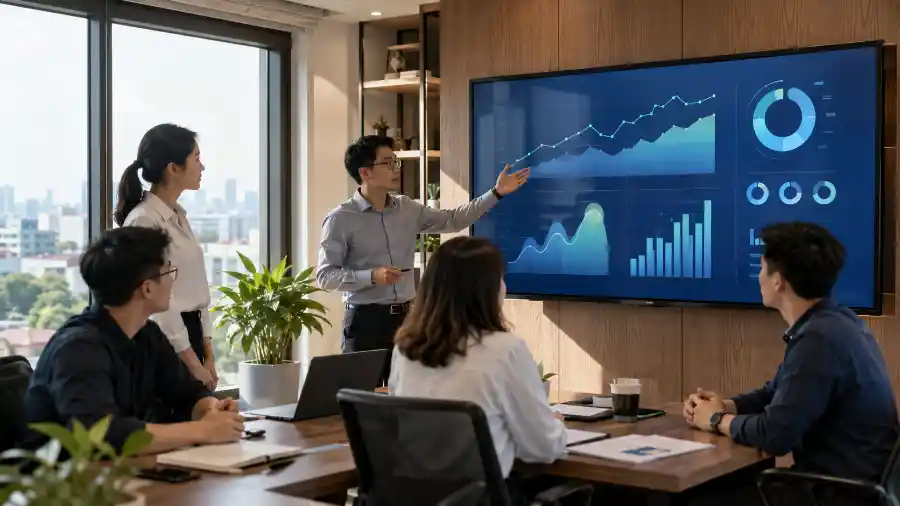 Nhịp AI tuần 27: đội nhóm doanh nghiệp họp quanh dashboard tăng trưởng nhờ ứng dụng AI