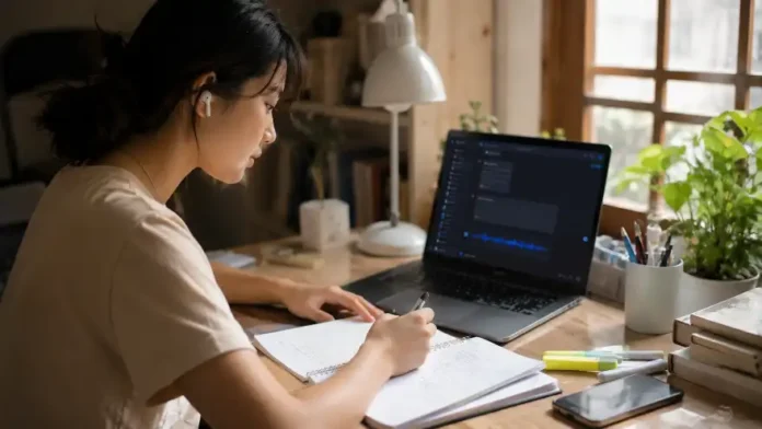 NotebookLM — sinh viên Việt nghe podcast ôn thi và tra flashcards trên laptop
