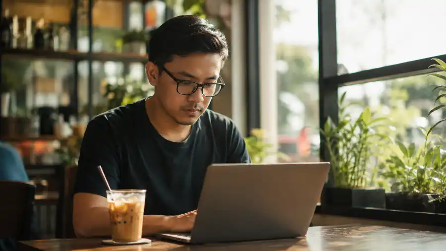 10 prompt KlingAI tạo video cinematic đẹp nhất năm 2026 2 Creator Việt dùng prompt KlingAI tạo video cinematic trên laptop tại quán cà phê
