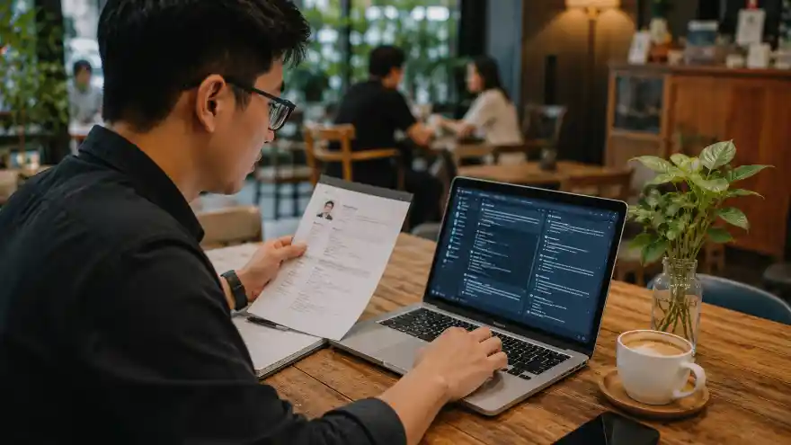 Viết CV bằng AI: nghề tay trái kiếm tiền 2026 1 Freelancer Việt tối ưu hồ sơ, viết CV bằng AI trên laptop tại quán cà phê