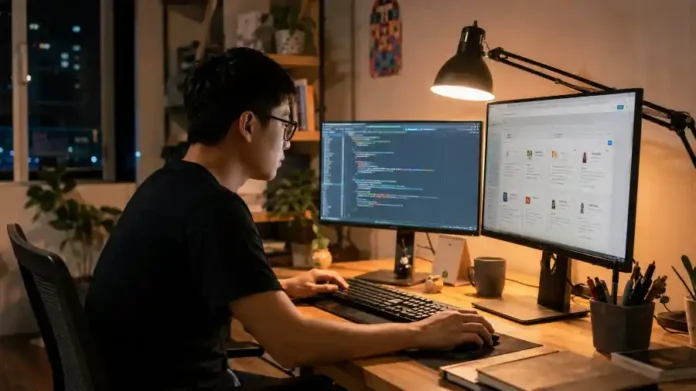 Bán AI agent — lập trình viên Việt làm việc buổi tối với hai màn hình code và trang danh sách sản phẩm