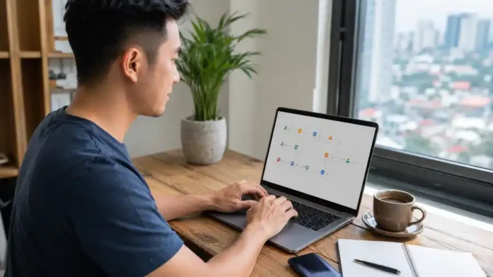 Freelancer Việt bán template tự động hóa n8n Make.com trên laptop