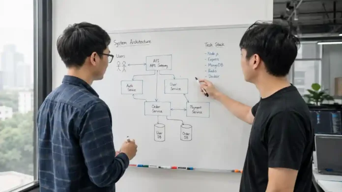 Chuẩn A2A — hai kỹ sư vẽ sơ đồ hệ thống AI agent trên bảng trắng