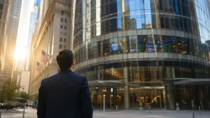 IPO Anthropic — toà nhà sàn chứng khoán Manhattan buổi sáng