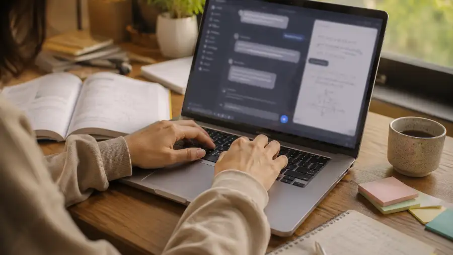 Khanmigo đổi cách dạy: AI gia sư chủ động hơn 1 Khanmigo — tay gõ phím laptop với giao diện gia sư AI mờ nền