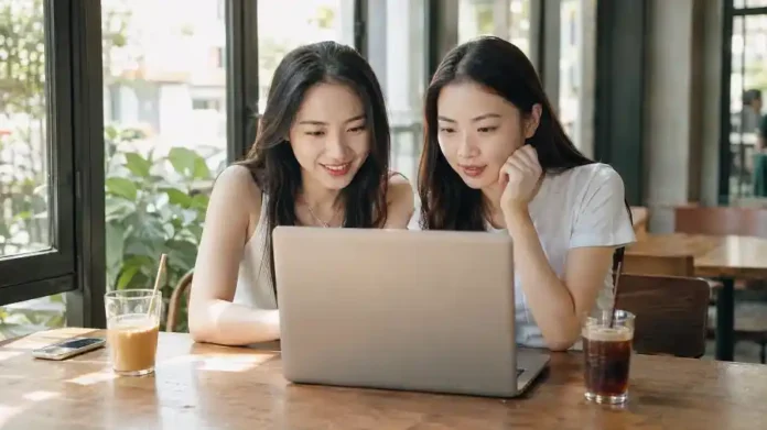 Kit Creator Network - hai creator Viet cung xem laptop trong quan ca phe