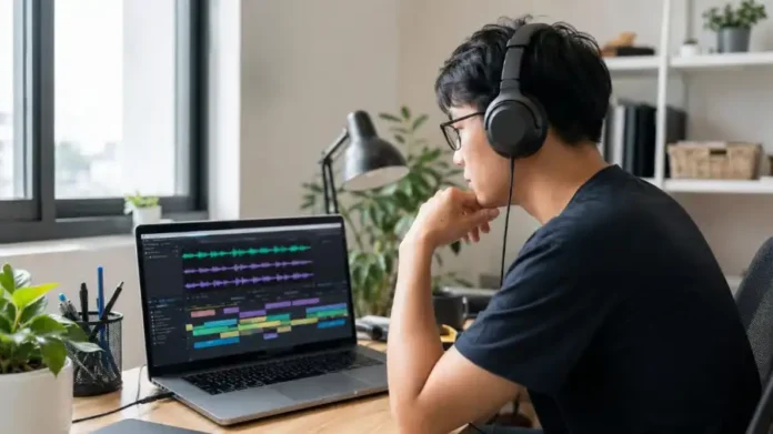 Freelancer Việt làm dịch vụ lồng tiếng AI đa ngôn ngữ trên laptop