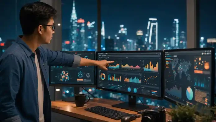 Nhà báo công nghệ Việt tổng hợp Nhịp AI tuần 31 trước ba màn hình dashboard tin AI, skyline Sài Gòn về đêm.