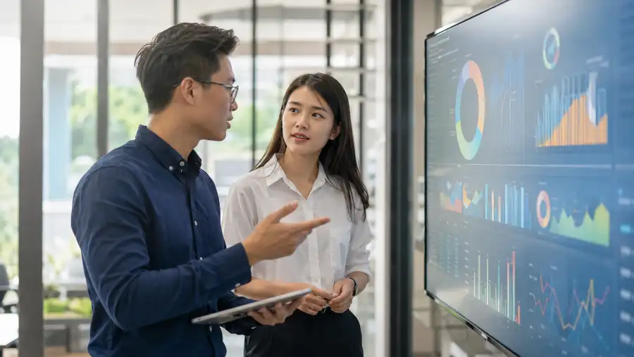 Hai chuyên gia trẻ trao đổi số liệu AI trong bản tin Nhịp AI tuần 31 tại văn phòng hiện đại.