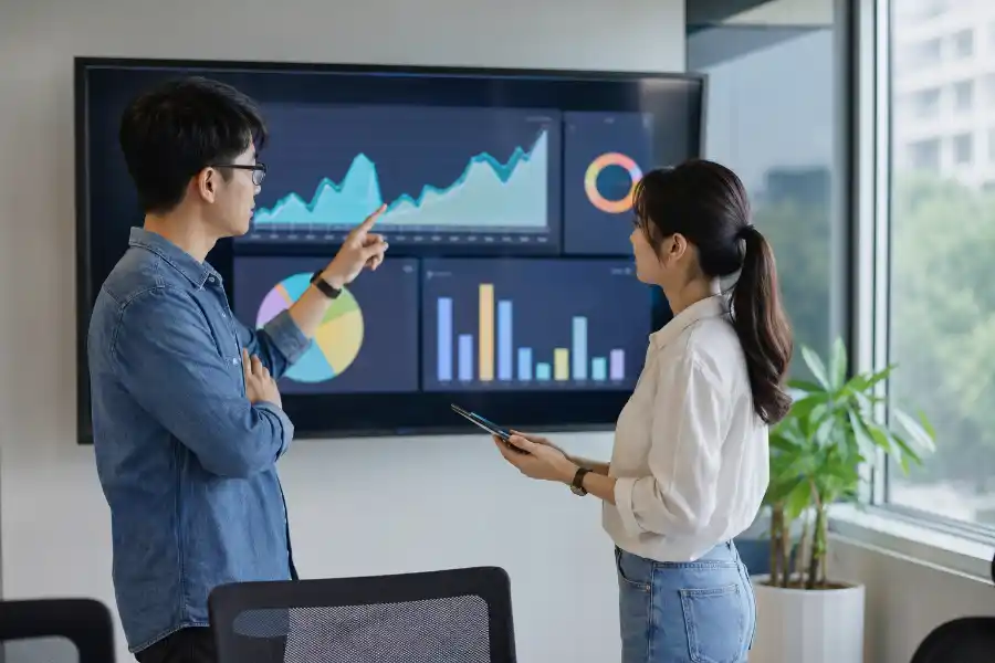 Hai chuyên gia trẻ trao đổi số liệu AI trong bản tin Nhịp AI tuần 32 tại văn phòng hiện đại.