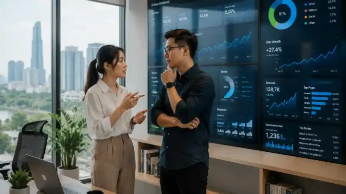 Nhà báo công nghệ tổng hợp nhịp AI tuần 35 trước ba màn hình dashboard