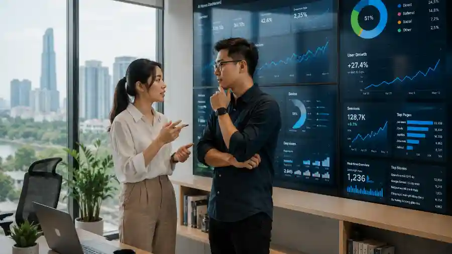 Nhịp AI tuần 35 năm 2026: tổng hợp đầy đủ 1 Nhà báo công nghệ tổng hợp nhịp AI tuần 35 trước ba màn hình dashboard