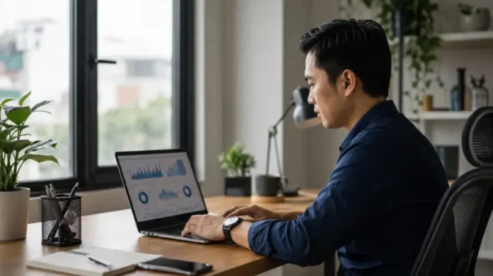 Chuyên gia tự do làm dịch vụ SEO cho AI trên laptop tại văn phòng tại nhà