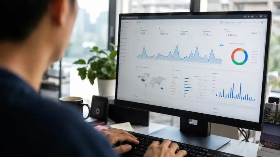 Chuyên gia tự do làm dịch vụ SEO cho AI trên laptop tại quán cà phê Việt Nam