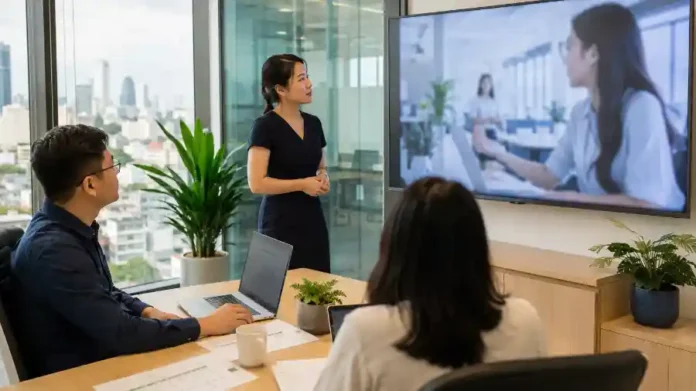 Quản lý nhân sự Việt xem video đào tạo AI trên màn hình văn phòng