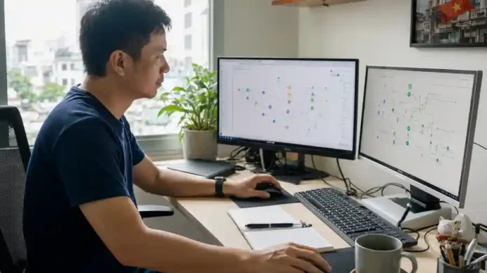 Freelancer Việt làm việc với sơ đồ tự động hoá, minh hoạ thu nhập AI phân hoá