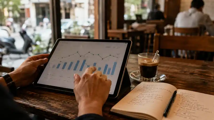 Thu nhập AI phân hoá: việc dễ đang rớt giá 1 Biểu đồ thu nhập AI theo tháng trên máy tính bảng của freelancer Việt