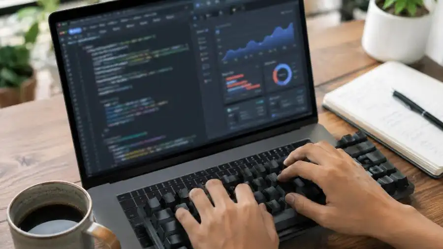 Màn hình laptop dùng vibe coding kiếm tiền viết ứng dụng bằng AI