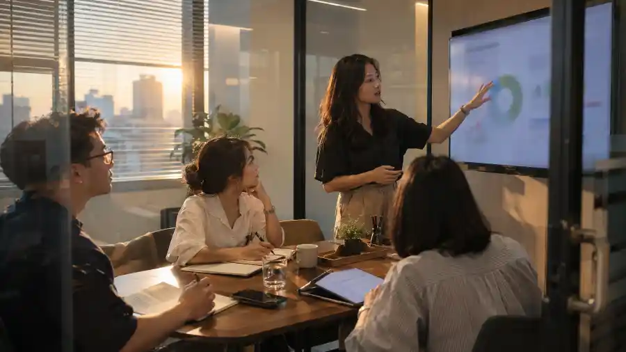 Nhóm nhân viên trình bày bản slide trong phòng họp thời Claude Slides