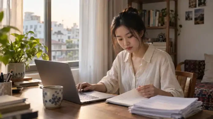 Context engineering — người học ngồi bên laptop tại góc học tập ở Hà Nội