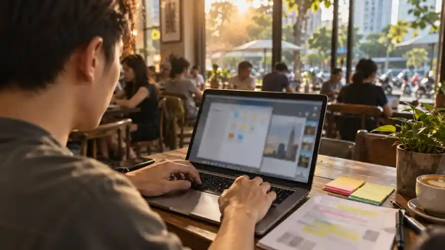 Context engineering — bàn tay gõ phím laptop trong quán cà phê Sài Gòn
