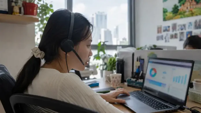 Nhân viên chăm sóc khách hàng dùng ElevenLabs Voice Agent tại văn phòng TP.HCM