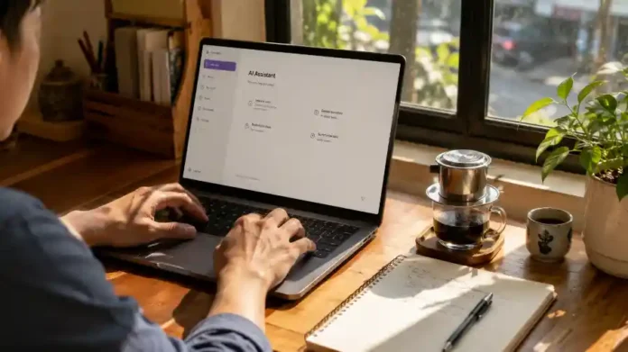 Gemini là gì — bàn làm việc với laptop mở trợ lý AI của Google