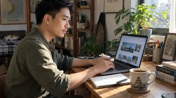 Blogger Việt ngồi bàn gỗ bật Kit RSS to email trên laptop
