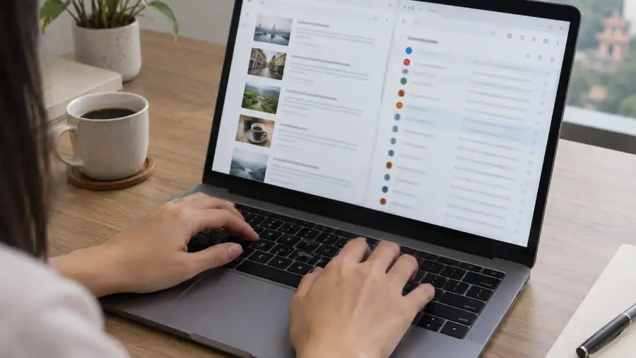 Kit RSS to email 2026: tự động gửi bài mới cho blogger Việt 1 Blogger Việt ngồi bàn gỗ bật Kit RSS to email trên laptop