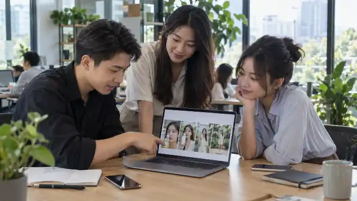 KlingAI Multi-shot 2026: dựng video 6 cảnh cho quảng cáo 1 Team marketing Việt xem chuỗi cảnh sản phẩm dựng bằng KlingAI Multi-shot trên laptop