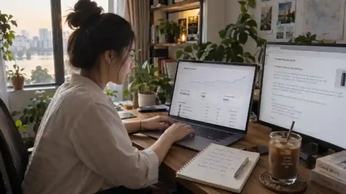 Làm affiliate với AI: người Việt viết bài review và theo dõi hoa hồng trên laptop
