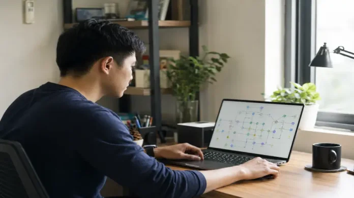 Người dùng theo dõi sơ đồ kịch bản Make.com xử lý lỗi trên laptop