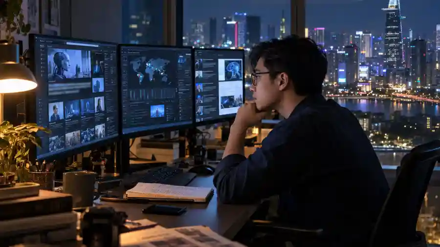 Nhịp AI tuần 36 năm 2026: tổng hợp đầy đủ 1 Nhà báo công nghệ Việt Nam tổng hợp nhịp AI tuần 36 trước ba màn hình dashboard