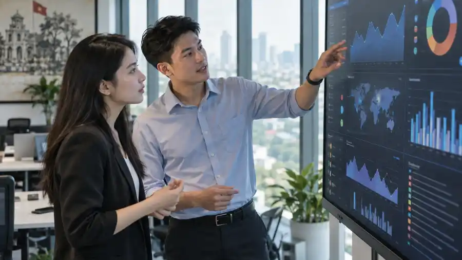 Nhịp AI tuần 36 năm 2026: tổng hợp đầy đủ 2 Hai chuyên gia trẻ thảo luận các sự kiện trong nhịp AI tuần 36 trước màn hình dữ liệu