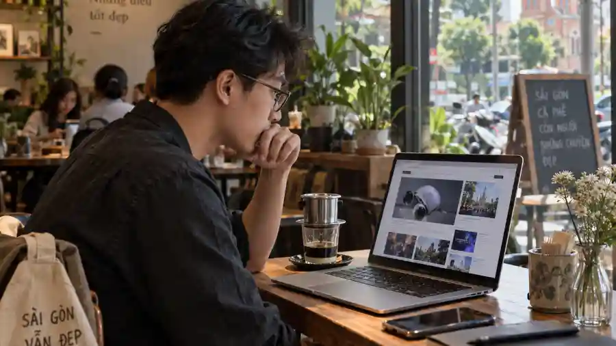 Nhịp AI tuần 36 năm 2026: tổng hợp đầy đủ 3 Người Việt trẻ tại quán cà phê Sài Gòn theo dõi nhịp AI tuần 36 trên laptop